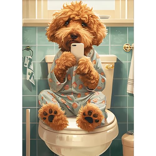 Welpe Schaut auf Handy Diamond Painting Erwachsene, 5D Toilette Diamant Kunst Bilder Anfänger, DIY Runder Vollbohrer Hund Diamanten Malerei Stickerei Geschenke Home Wand Dekor30x40CM von HKFLD