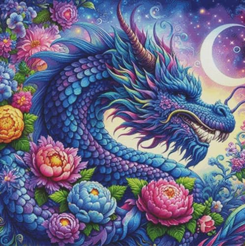 HKLIOPU Kreuzstich Stickpackung 11CT Sticken Set Fantasie blauer Drache Erwachsene Kreuzstich,DIY Stickbilder Vorgedruckt Kreuzstich für Anfänger Home Decor 40x40cm (LZ185) von HKLIOPU