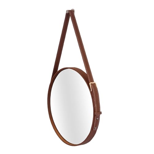 HKLJHCVA-OU Badezimmer-Kosmetikspiegel, dekorativer Wandspiegel, Hängespiegel mit Lederband, Kleiner runder Spiegel zur Wanddekoration, Durchmesser 45 cm(Brown,Diameter 80cm) von HKLJHCVA-OU