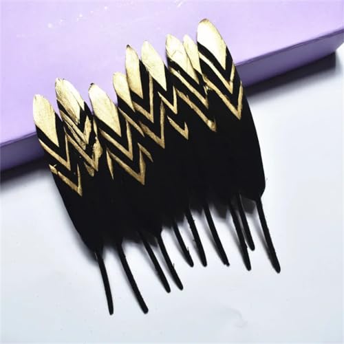 HKSDKABOP Handwerksdekoration mit Federn, Gefärbte Entenfedern for Bastelzubehör, Mehrfarbig, Packung mit Mehreren Größen(Black Stripe (Gold),10 Pieces) von HKSDKABOP