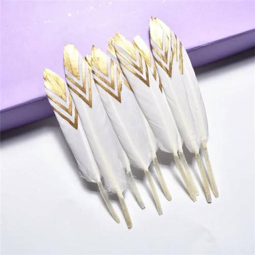 HKSDKABOP Handwerksdekoration mit Federn, Gefärbte Entenfedern for Bastelzubehör, Mehrfarbig, Packung mit Mehreren Größen(White Stripe (Gold),50 Pieces) von HKSDKABOP