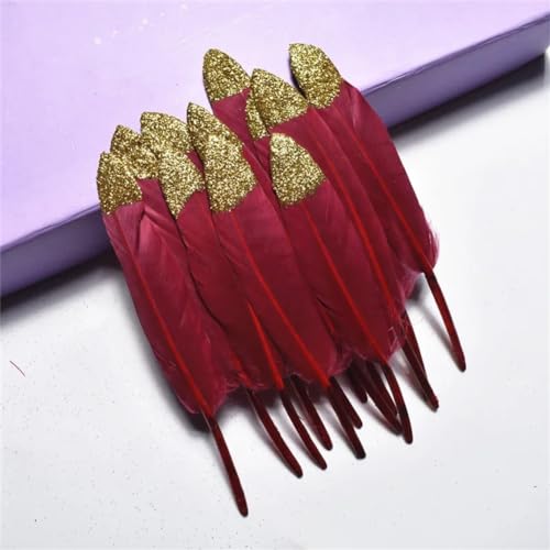 HKSDKABOP Handwerksdekoration mit Federn, Gefärbte Entenfedern for Bastelzubehör, Mehrfarbig, Packung mit Mehreren Größen(Wine Red (Gold),10 Pieces) von HKSDKABOP