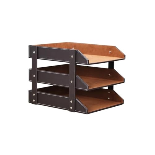 Metallmagazin Archiv, 3-Layer Stackable Desk File Organizer PU Leather Black Brown(Bruin) von HKSDKABOP