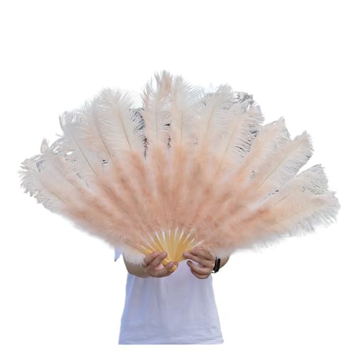 HKYBCF Federtanz Fächer 1/2 stücke Natürliche Feder Fan for 13 Knochen Große Hand Gehalten Faltbare Fan 100/130CM Handwerk Karneval Hochzeit Bühne Tanz Dekor(Champagne,Small Fan 2pc) von HKYBCF