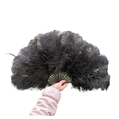 HKYBCF Federtanz Fächer Natürlicher Hand-Faltfächer, 70 x 40 cm, Faltbarer Federfächer for Tanzpartys, Bühnenkarnevals-Requisiten(Black,2 PCS 70cmx40cm) von HKYBCF