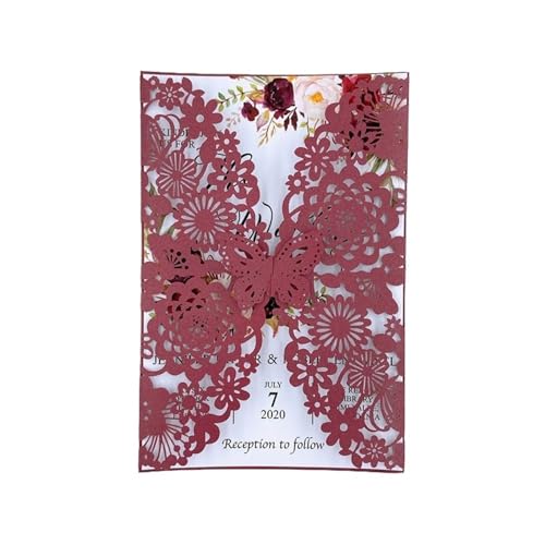 HKYBCF Hochzeitseinladungen Karte 10 Stück Glitzer-Schmetterling-Einladungskarten-Umschläge for Hochzeit, Verlobung, Taufe, Party-Dekoration, Geschenkartikel (Color : Burgundy, Size : With Envelopes) von HKYBCF