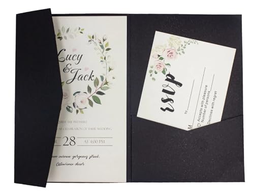 HKYBCF Hochzeitseinladungen Karte 50 dreifach gefaltete Hochzeitseinladungskarten mit Rosen-Laserschnitt, Taschen-Einladungsumschlag (Color : Pearl black, Size : Cover and envelope) von HKYBCF