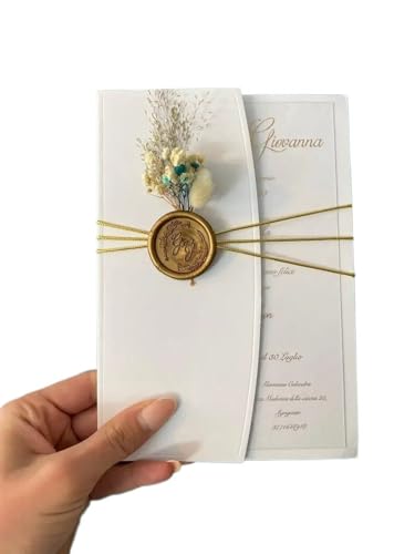 HKYBCF Hochzeitseinladungen Karte Hochzeitseinladungen, Einladungen, goldfarben, bedruckt mit Wachssiegeln, Trockenblumen, Hochzeitskarten (Color : 150sets) von HKYBCF