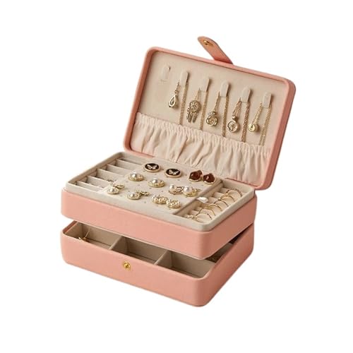 HKYBCF Schmuckkästchen Schmuckschatulle aus Samt for Frauen, PU-Leder, Halsketten, Ohrringe, Ringe, Armbänder, Reiseschmuck, Organizer, Sarg, Geschenk(Leather Pink23DEC62) von HKYBCF