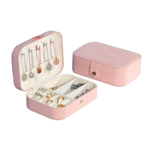 HKYBCF Schmuckkästchen Tragbare Schmuckschatulle Schmuck Organizer Display Reise Schmucketui Boxen Knopf Leder Aufbewahrung Reißverschluss Juweliere(Pink) von HKYBCF
