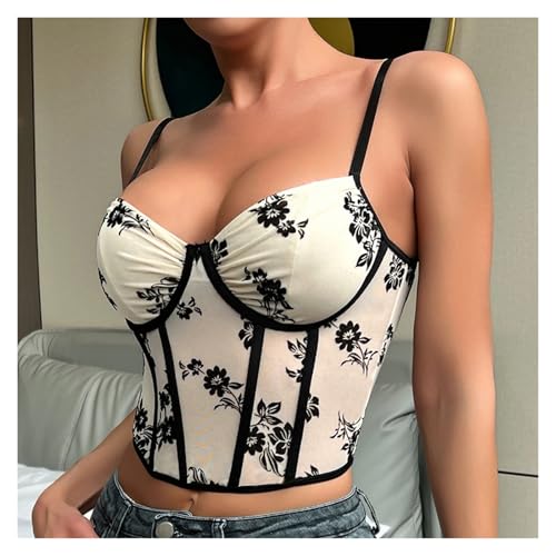 HKYBCF Strass Frauen Korsett Schlankes Bauchfreies Top mit durchsichtiger Stickerei aus aushöhlendem Netzstoff, Neckholder-Camisole-Korsett aus Spitze mit Spaghettiträgern(M) von HKYBCF