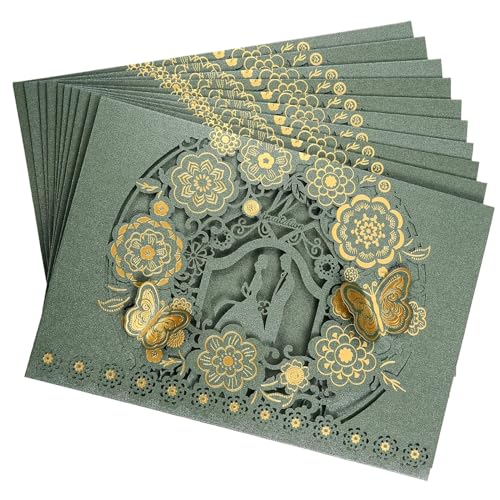 Hochzeitseinladungskarten, 3D-Schmetterling, Hochzeitseinladungskarten, Blume, Braut, Bräutigam, ausgehöhlt, glänzende Perlen, Papierkartenhalter für Hochzeit (Farbe: 10 Stück, Smaragdgrün) von HKYBCF