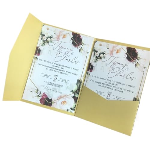 Hochzeitseinladungen Karte 50 Sets dreifach gefaltete Hochzeitseinladungskarten mit Taschen, individueller Druck, Verlobung, XV. Geburtstag, Taufeinladungen ( Color : Dark Gold , Size : Whole Set Cust von HKYBCF
