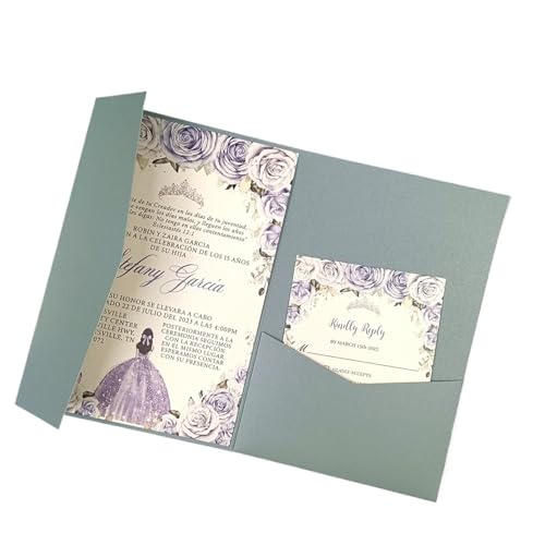 Hochzeitseinladungskarten, lasergeschnitten, dreifach gefaltet, Hochzeitseinladungskarten-Set, Taschen-Einladungsumschlag für Hochzeit (Farbe: Perlstaubblau, Größe: Deckel und Umschlag) von HKYBCF