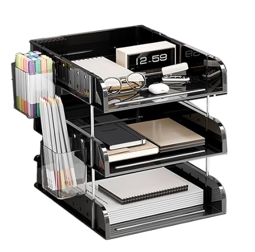 HKeeper 3-Etagen Schreibtisch Organizer, Stapelbare Dokumentenablage aus Acryl, Briefablage für A4 Papier und Bürozubehör (Schwarz) von HKeeper