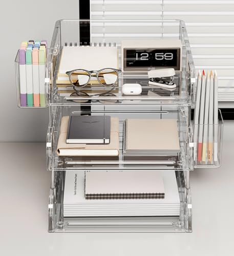 HKeeper 3-Etagen Schreibtisch Organizer, Stapelbare Dokumentenablage aus Acryl, Briefablage für A4 Papier und Bürozubehör (Transparent) von HKeeper