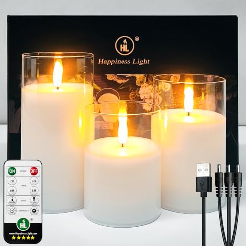HL LED Kerzen Flammenlose im Glas, Wiederaufladbare mit Fernbedienung Timer Flackernde Kerzen, für Hochzeit Festival Weihnachten Home Decor, Set aus 3 Wachs Säulenkerzen, Weiß HL LED Kerzen Flammenlose im Glas, Wiederaufladbare mit Fernbedienung Timer Flackernde Kerzen, für Hochzeit Festival Weihnachten Home Decor, Set aus 3 Wachs Säulenkerzen, Weiß von HL