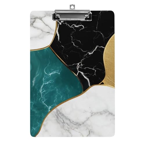 Damen-Klemmbrett aus Acryl mit flachem Clip, Schreibtisch- und Bürobedarf, Zubehör, abstrakte Aquarellmalerei, Gold, Blau, Türkis, Schwarz, Weiß, Grau, Marmor von HLBSDM