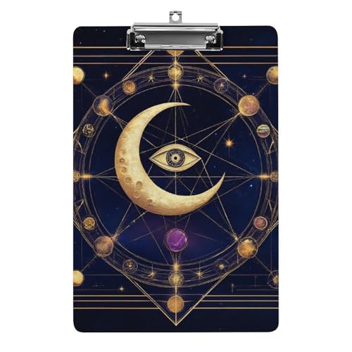 Damen-Klemmbrett aus Acryl mit flachem Clip, Schreibtisch- und Bürozubehör, heiliges geometrisches Symbol, lila, Weltraum, Galaxie, Sterne, mystische Sonne und Mond von HLBSDM