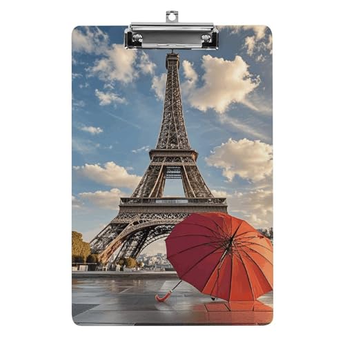 Eiffelturm mit rotem Regenschirm-Klemmbrett mit Loch zum Aufhängen, 21,6 x 31,8 cm Standard-A4-Klemmbrett aus Acryl, ultraleichter und bruchsicherer Papierhalter für Büro und Zuhause von HLBSDM