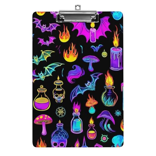 Herren-Klemmbrett aus Acryl mit flachem Clip, Schreibtisch- und Bürozubehör, Halloween, Goth, Totenkopf, Fledermaus, Pilz, Hexe von HLBSDM