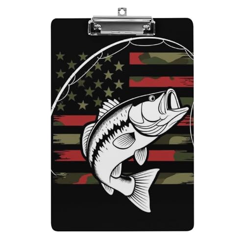 Klemmbrett aus Acryl für Herren mit flachem Clip, Schreibtisch, Bürobedarf, Zubehör, Jagd, Bass, Angeln, Camouflage, amerikanische Flagge, Schwarz von HLBSDM