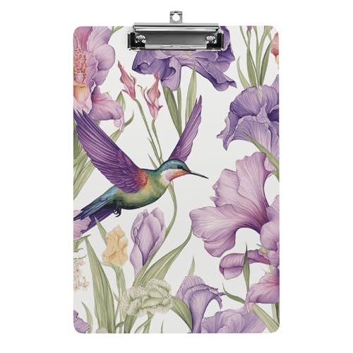 Klemmbrett mit Aufhängeloch, Kolibris, Schwertlilien und Blumen, 21,6 x 31,8 cm, Standard-A4-Klemmbrett aus Acryl, ultraleicht und bruchsicher, Papierhalter für Büro und Zuhause von HLBSDM