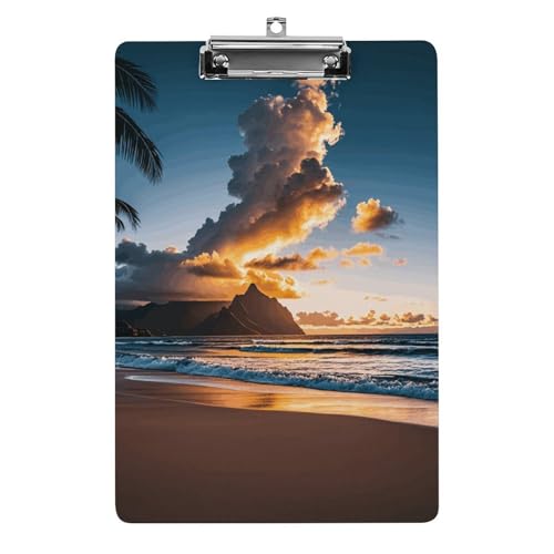 Klemmbrett mit Aufhängeloch, Motiv: Strand, Sonnenuntergang, Meer, Wolken, 21,6 x 31,8 cm, Standard-A4-Klemmbrett aus Acryl, ultraleicht und bruchsicher, Papierhalter für Büro, Zuhause von HLBSDM