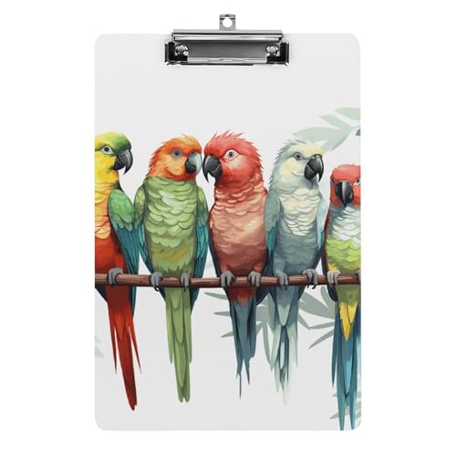 Klemmbrett mit Aufhängeloch, bunte Papageien auf einem Baum, 21,6 x 31,8 cm, Standard-A4-Klemmbrett aus Acryl, ultraleicht und bruchsicher, Papierhalter für Büro und Zuhause von HLBSDM