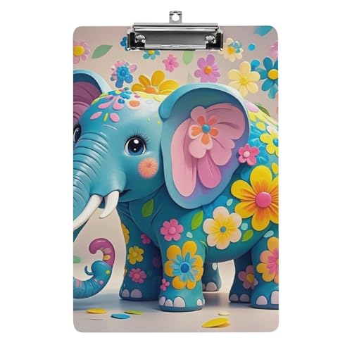Klemmbrett mit Blumen-Cartoon-Elefantenmotiv und Loch zum Aufhängen, 21,6 x 31,8 cm, Standard-A4-Klemmbrett aus Acryl, ultraleicht und bruchsicher, Papierhalter für Büro und Zuhause von HLBSDM