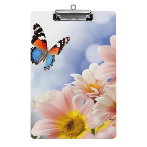 Klemmbrett mit Blumen und Schmetterlingen und Loch zum Aufhängen, 21,6 x 31,8 cm, Standard-A4-Klemmbrett aus Acryl, ultraleicht und bruchsicher, Papierhalter für Büro und Zuhause von HLBSDM