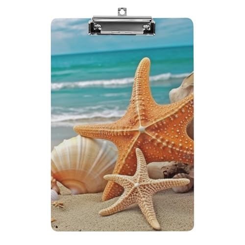 Klemmbrett mit Seestern-Muschel-Strandmotiv und Loch zum Aufhängen, 21,6 x 31,8 cm, Standard-A4-Klemmbrett aus Acryl, ultraleicht und bruchsicher, Papierhalter für Büro und Zuhause von HLBSDM