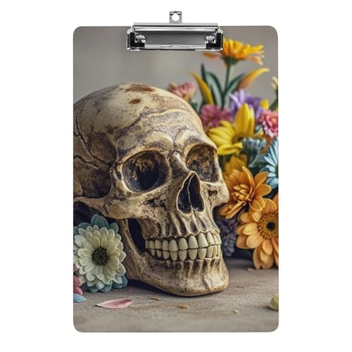 Klemmbrett mit antikem Totenkopf und Blumen, mit Loch zum Aufhängen, 21,6 x 31,8 cm, Standard-A4-Klemmbrett aus Acryl, ultraleicht und bruchsicher, Papierhalter für Büro und Zuhause von HLBSDM