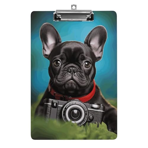 Klemmbrett mit französischem Bulldoggenwelpen und Kamera, mit Loch zum Aufhängen, 21,6 x 31,8 cm, Standard-A4-Klemmbrett aus Acryl, ultraleicht und bruchsicher, Papierhalter für Büro und Zuhause von HLBSDM