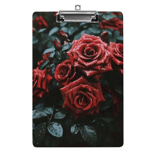 Klemmbrett mit rot-schwarzer Rose und Loch zum Aufhängen, 21,6 x 31,8 cm, Standard-A4-Klemmbrett aus Acryl, ultraleichter und bruchsicherer Papierhalter für Büro und Zuhause von HLBSDM