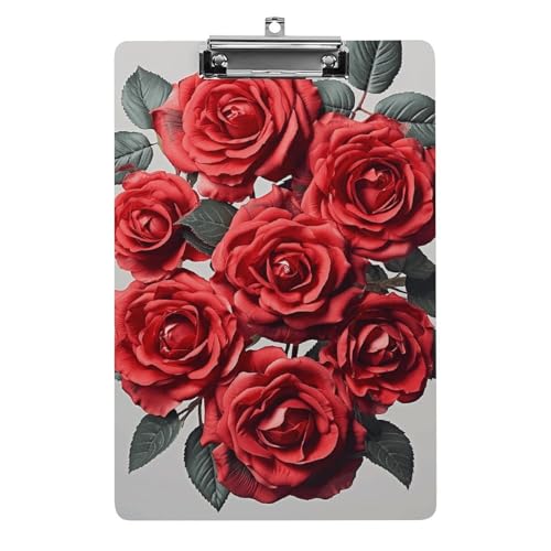 Klemmbrett mit roten Rosenblüten und Loch zum Aufhängen, 21,6 x 31,8 cm, Standard-A4-Klemmbrett aus Acryl, ultraleicht und bruchsicher, Papierhalter für Büro und Zuhause von HLBSDM