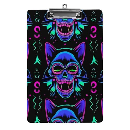 Modische Standard-Klemmbretter im A4-Format mit flachem Clip für Schreibtisch und Büro, Halloween, Trippy Goth, schwarzer Katzenschädel von HLBSDM