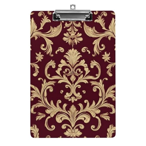 Modische Standard-Klemmbretter im Letter-A4-Format mit flachem Clip für Schreibtisch und Bürobedarf, Blumen, Kastanienbraun, Gold, Blumenmuster, edel, Burgunderrot, Antik von HLBSDM