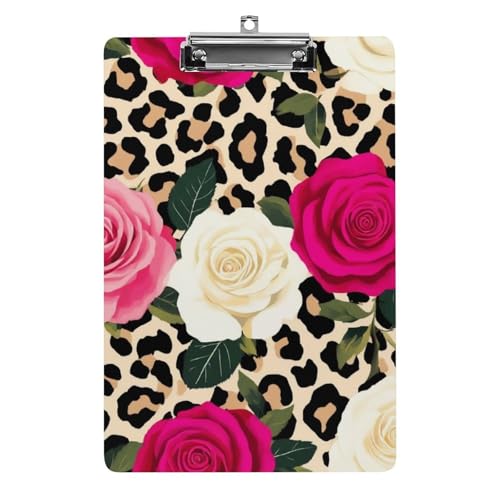 Modisches Klemmbrett aus Acryl mit flachem Clip, Schreibtisch- und Bürobedarf, Zubehör für Damen und Herren, Tiermotiv, Rosen, Blumen, Geparden, Leopardenmuster, Blumenmuster von HLBSDM