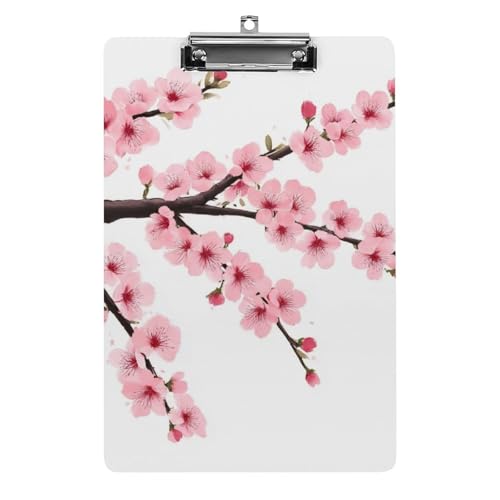 Modisches Klemmbrett aus Acryl mit flachem Clip, Schreibtisch- und Bürozubehör für Damen und Herren, Zweig eines blühenden Baums, Kirschblüten, Frühlingsmotiv, Kunst von HLBSDM