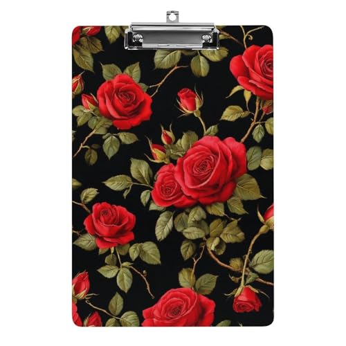Modisches Schreibtisch- und Bürozubehör, süßes Klemmbrett aus Acryl mit flachem Clip, Blumenmuster, schwarz-rote Rosen von HLBSDM