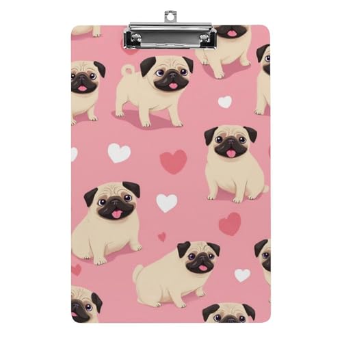 Modisches Schreibtisch- und Bürozubehör, süßes Klemmbrett aus Acryl mit flachem Clip, lustiger Cartoon-Mops-Welpe, Pink von HLBSDM