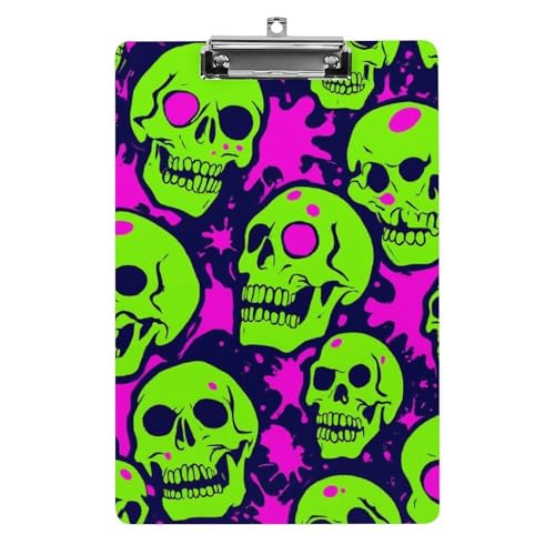 Niedliches Klemmbrett aus Acryl mit flachem Clip, Schreibtisch- und Bürobedarf, Zubehör für Damen und Herren, cooler lustiger Zombie-Totenkopf von HLBSDM