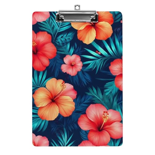 Niedliches Klemmbrett aus Acryl mit flachem Clip, Schreibtisch- und Bürobedarf, Zubehör für Damen und Herren, hawaiianische bunte Hibiskusblüten, tropische Palmenblätter von HLBSDM