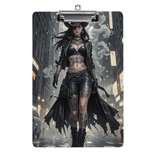 Niedliches Klemmbrett mit tätowiertem Cowboy-Mädchen und Loch zum Aufhängen, 21,6 x 31,8 cm großes Standard-A4-Klemmbrett aus Acryl, ultraleichter und bruchsicherer Papierhalter für Büro und Zuhaus von HLBSDM