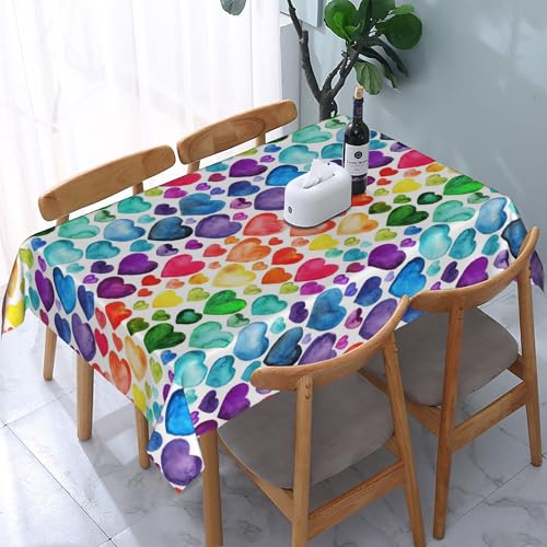Rechteckige Tischdecke mit Regenbogenherz-Aquarellmotiv, wasserdicht, abwischbar, waschbar, Tischdecke aus Polyestergewebe für Esszimmer, Party, Küche, Dekoration, Outdoor, Camping, Picknick, 137,2 Rechteckige Tischdecke mit Regenbogenherz-Aquarellmotiv, wasserdicht, abwischbar, waschbar, Tischdecke aus Polyestergewebe für Esszimmer, Party, Küche, Dekoration, Outdoor, Camping, Picknick, 137,2 von HLBSDM