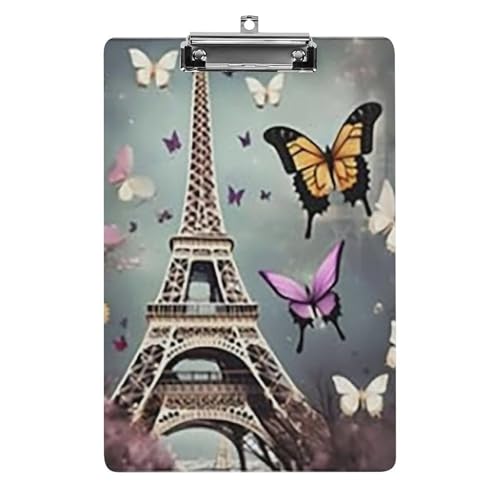 Romantisches Klemmbrett mit Paris-Schmetterlings-Eiffel-Motiv und Loch zum Aufhängen, 21,6 x 31,8 cm Standard-A4-Klemmbrett aus Acryl, ultraleicht und bruchsicher, Papierhalter für Büro und Zuhause von HLBSDM