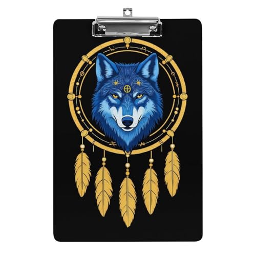 Schreibtisch-Bürobedarf-Zubehör, Unisex, modisches Klemmbrett aus Acryl mit flachem Clip, Boho-Totem, Indianer-Wolf, Traumfänger von HLBSDM