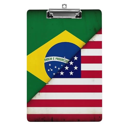 Schreibtisch-Bürobedarf-Zubehör, Unisex, modisches Klemmbrett aus Acryl mit flachem Clip, Brasilien und USA, amerikanische Grunge-Flagge von HLBSDM