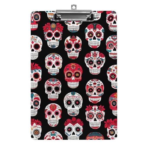 Schreibtisch-Bürobedarf-Zubehör, Unisex, modisches Klemmbrett aus Acryl mit flachem Clip, Day Dead, Blumenmuster, Rose, Zuckerschädel von HLBSDM